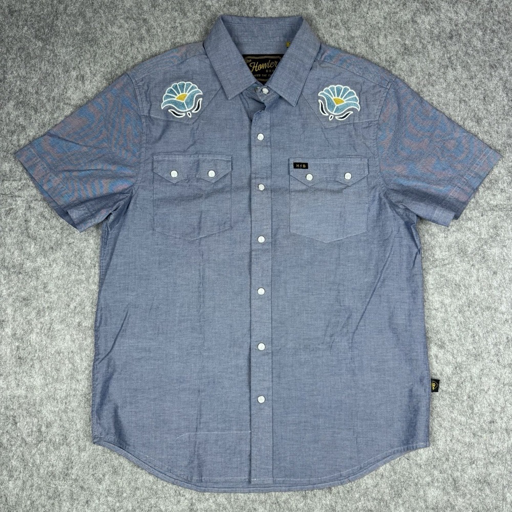 Howler Bros Deluxe Crosscut Pearl Snap Shirt Floral Embroidered Blue Sz S EUC